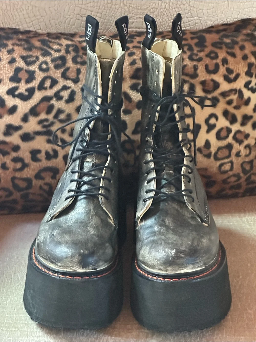 R13 Women's Metallic Distressed Double Platform Combat Boot - Grey